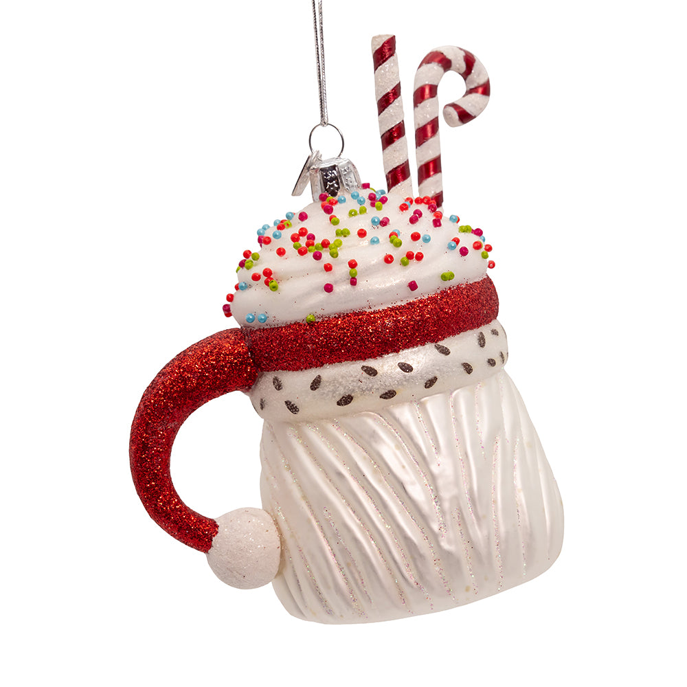 Decorative ornament shaped like a hot chocolate mug with whipped cream, candy canes, and sprinkles from Christmas Cheer All year