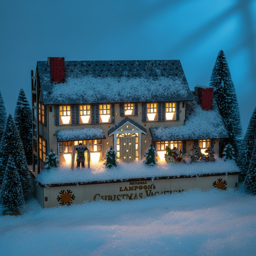 Christmas Cheer All Year lighted wood snowy National Lampoon's Christmas Vacation house with illuminated windows and trees in the evening by Kurt Adler NL5251