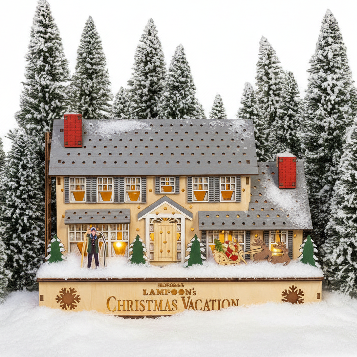 Christmas Cheer All Year lighted wood snowy National Lampoon&#39;s Christmas Vacation house with illuminated windows and trees in the evening by Kurt Adler NL5251