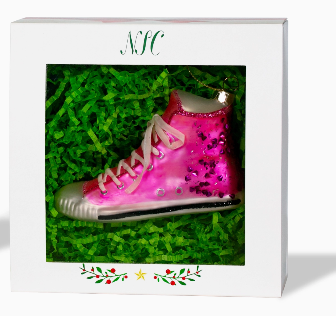 Christmas Cheer All Year Pink Glittered High Top Sneaker Chuck Taylor Style Shoe Ornament on Christmas tree