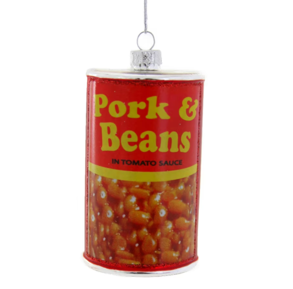 Christmas Cheer All Year Decorative ornament shaped like a can of 'Pork & Beans in Tomato Sauce' for foodies American food culture beans ornament