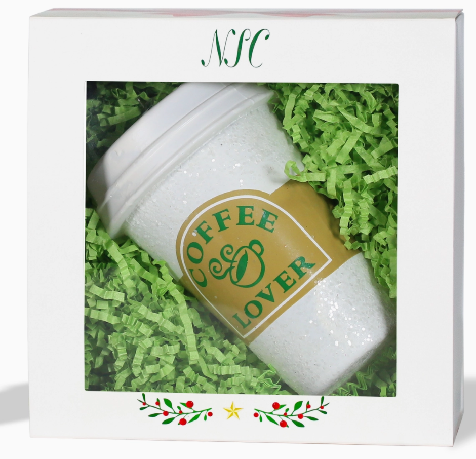 The Canton Christmas Shop Travel Coffee Cup Glittered Glass Ornament in oversized gift box for coffee lover