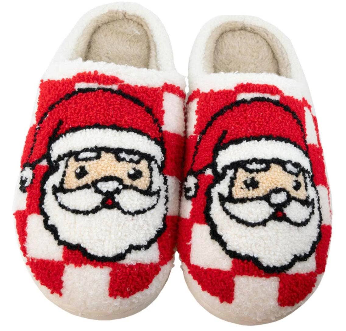 Christmas Cheer All Year red checkered santa sherpa slippers