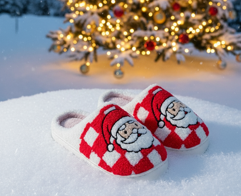 Christmas Cheer All Year red checkered santa sherpa slippers