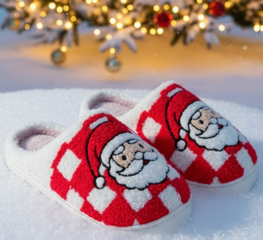 Christmas Cheer All Year red checkered santa sherpa slippers
