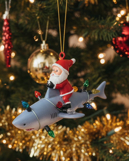 Christmas Cheer All year A Christmas ornament featuring Santa Claus riding a gray shark, hanging from a decorated Christmas tree with gold tinsel and red and gold ornaments.