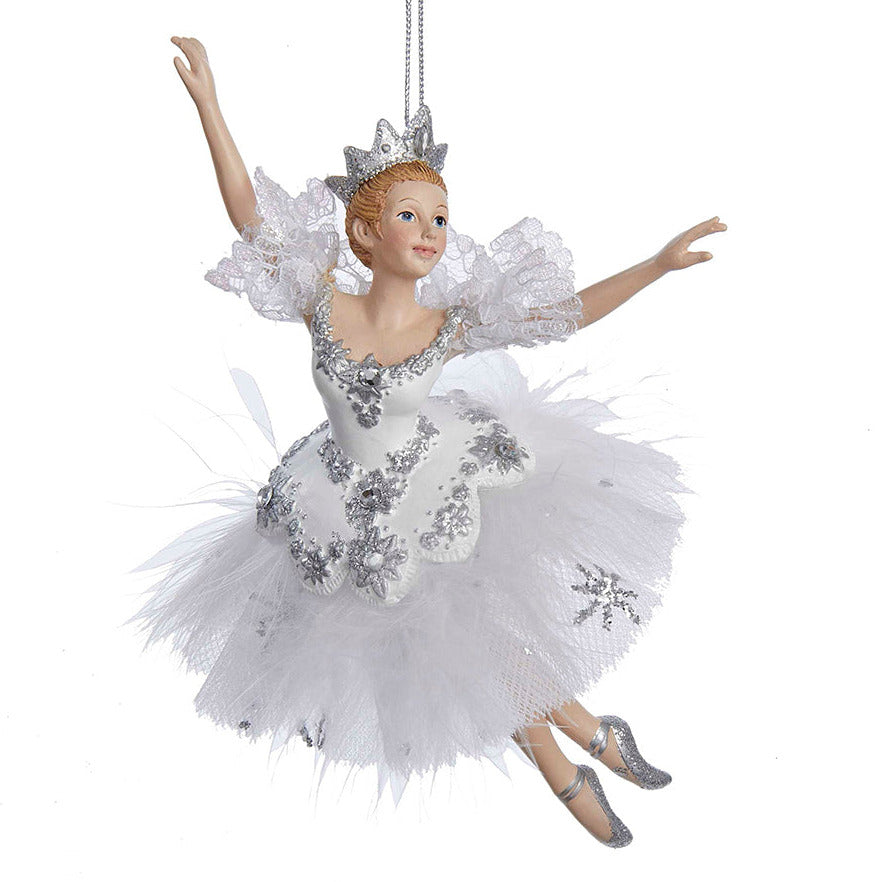 Christmas Cheer All Year Decorative snow queen Kurt Adler ballerina ornament in a white and silver dress on a white background