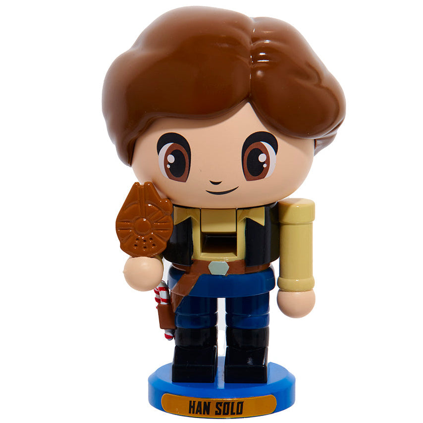 Christmas Cheer All Year Han Solo Little Legends Nutcracker holding a chocolate millennium falcon on a white background