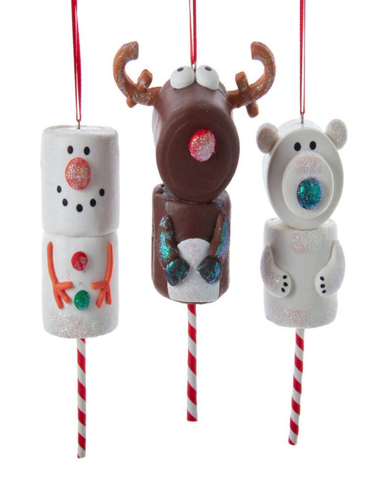 Three festive marshmallow character ornaments snowman polar bear reindeer with red and white striped sticks Christmas Cheer All Year
