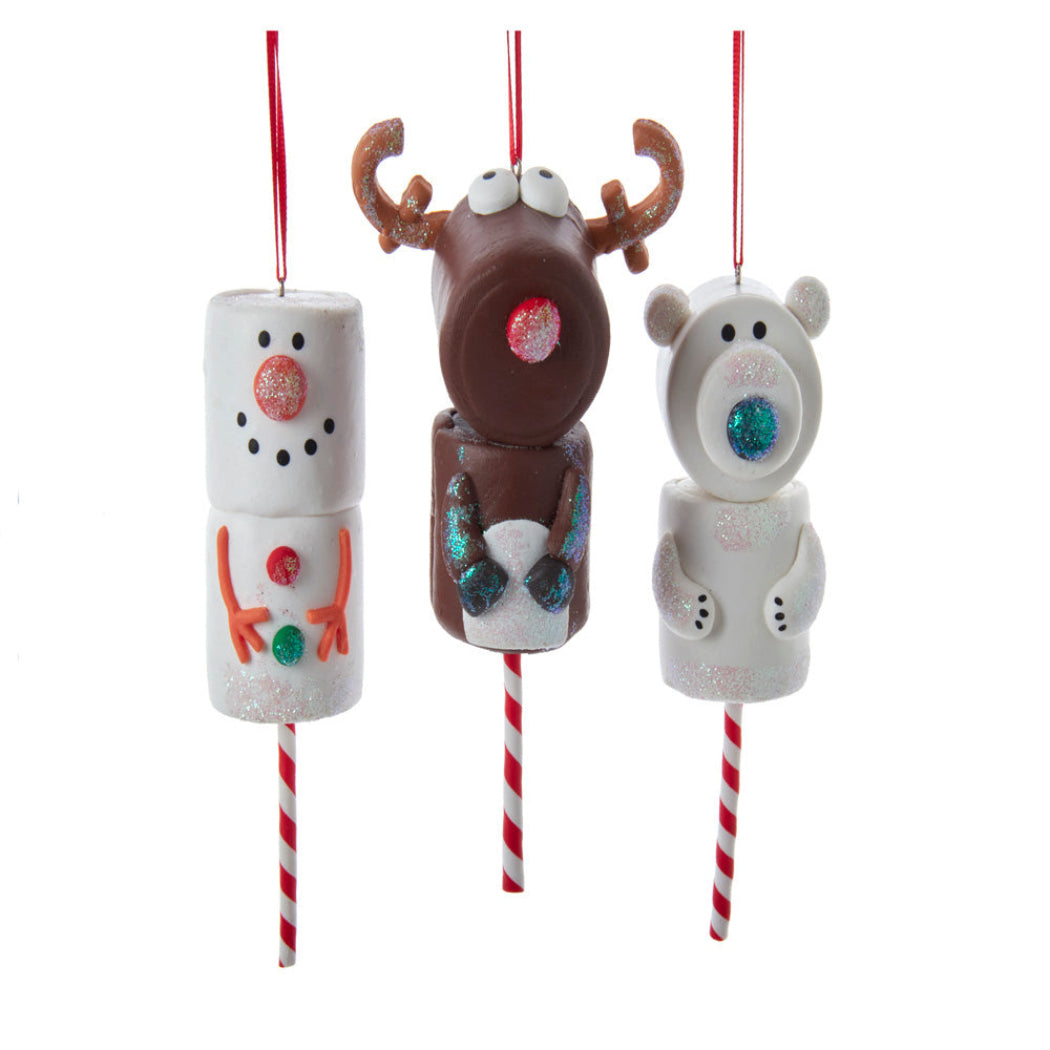Three festive marshmallow character ornaments snowman polar bear reindeer with red and white striped sticks Christmas Cheer All Year