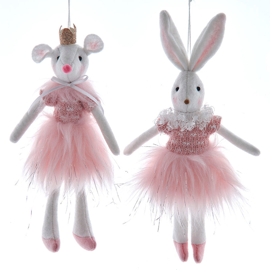 Christmas Cheer All Year Two plush ornaments, a mouse and a rabbit, dressed in pink tutus with decorative elements on a white background by Kurt Adler Nutcracker Suite Ballet