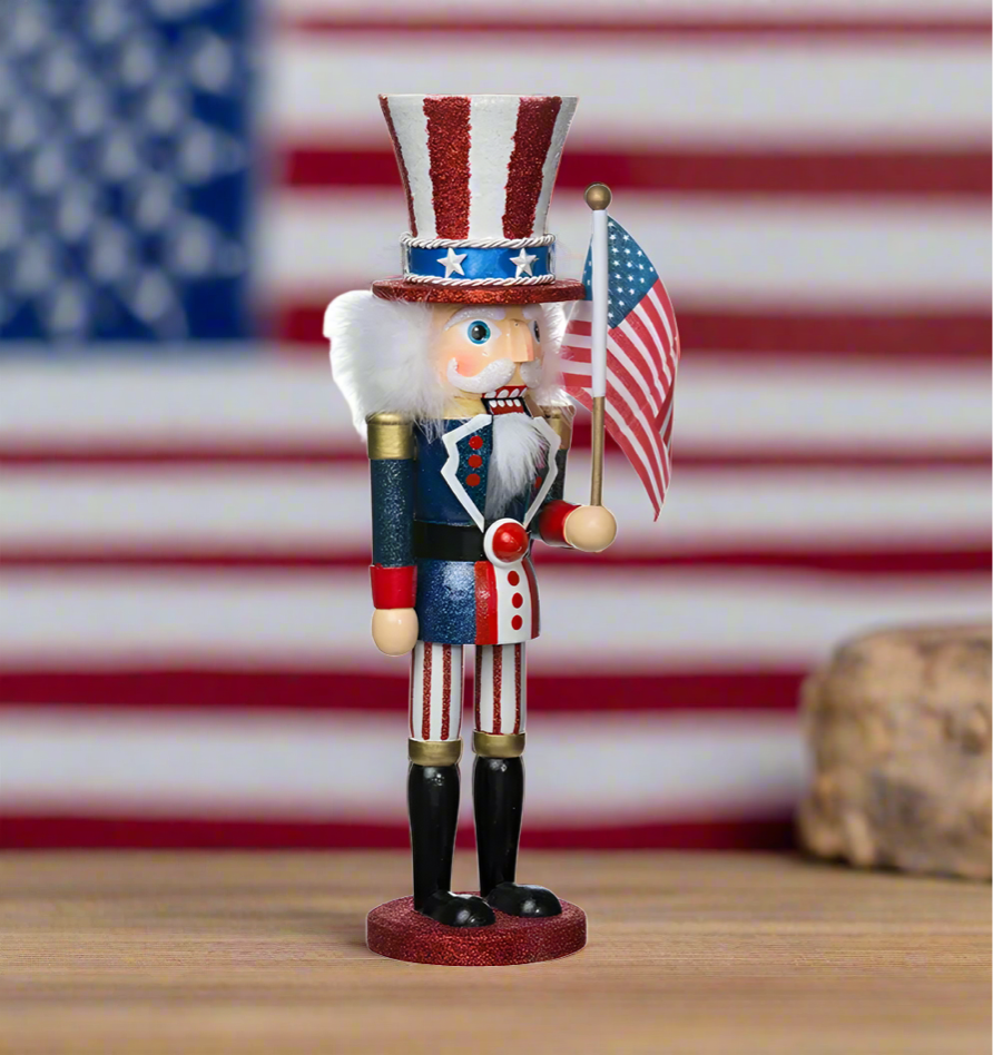 Hollywood Nutcrackers Uncle Sam by Kurt Adler on American flag background