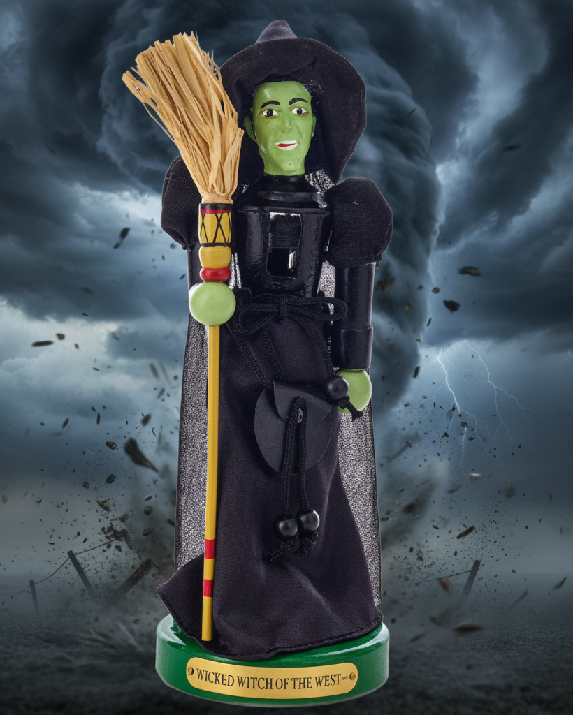 Toy figure of the Wicked Witch of the West from 'The Wizard of Oz' against a stormy sky background.