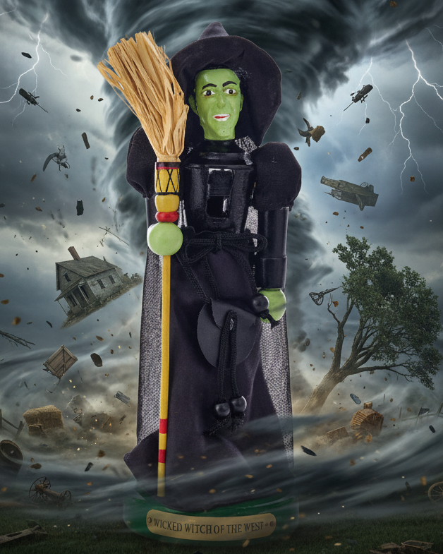 Nutcracker of wicked witch with a broom against a stormy background