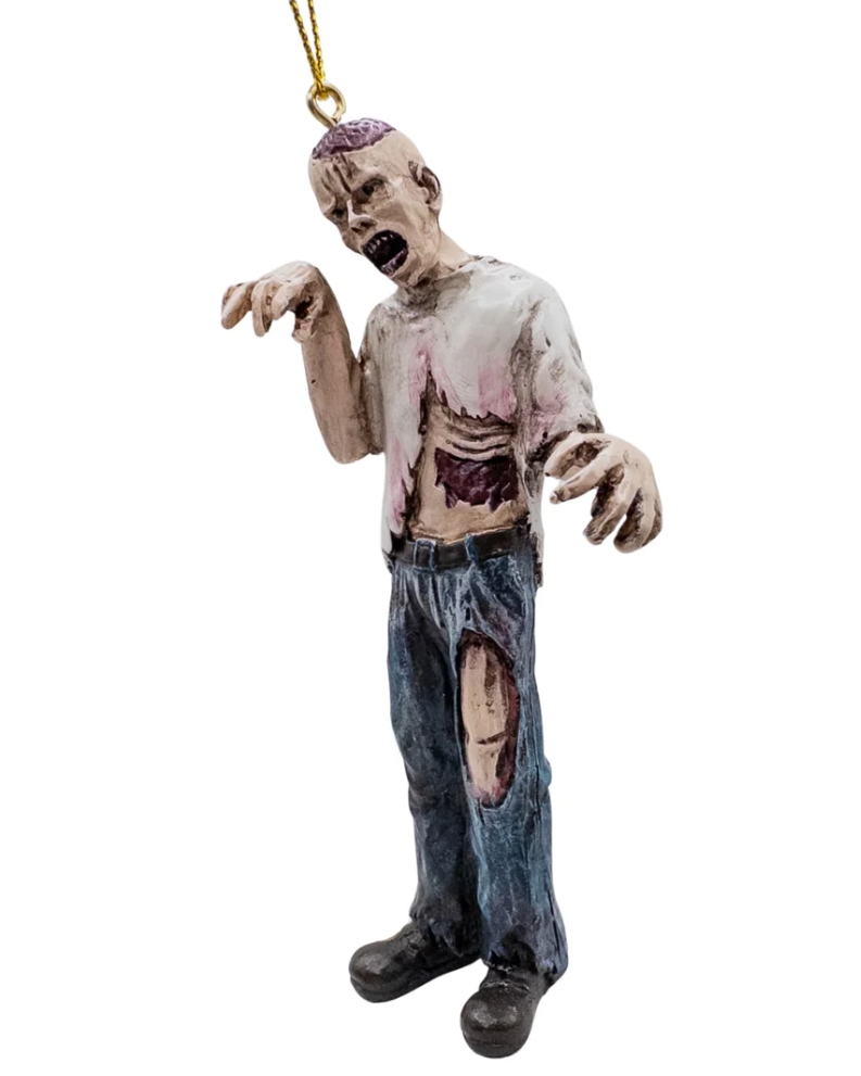 Christmas Cheer All Year A zombie Halloween ornament hanging by a gold string, featuring a distressed, decaying figure with an open shirt, ribs exposed, ripped jeans, bloody leg and a bloody head with skull exposed
